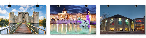 Three framed travel photos: castle, illuminated building by water, building with colored window lights.