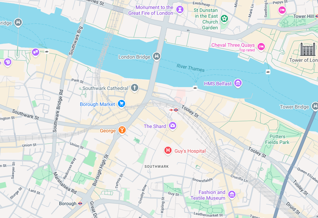 Map of London, showing a river with bridges, roads, and various points of interest marked with icons.