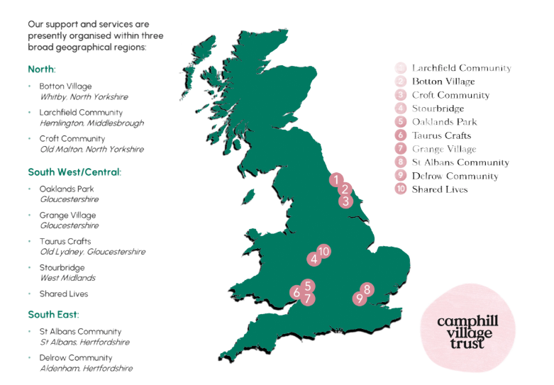 Map of the UK with pink dots indicating locations of Camphill Village Trust communities, organized by region.