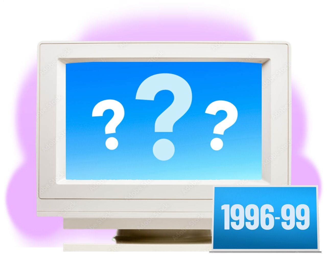 A white computer monitor displaying three question marks, with a 