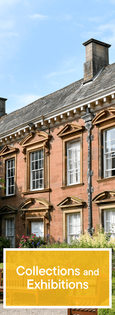 Brick building with windows. Text: Collections and Exhibitions.