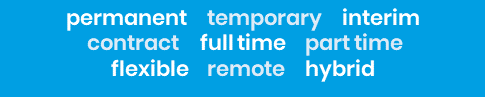 Text on a blue background, listing job types: permanent, temporary, interim, contract, full-time, part-time, flexible, remote, hybrid.
