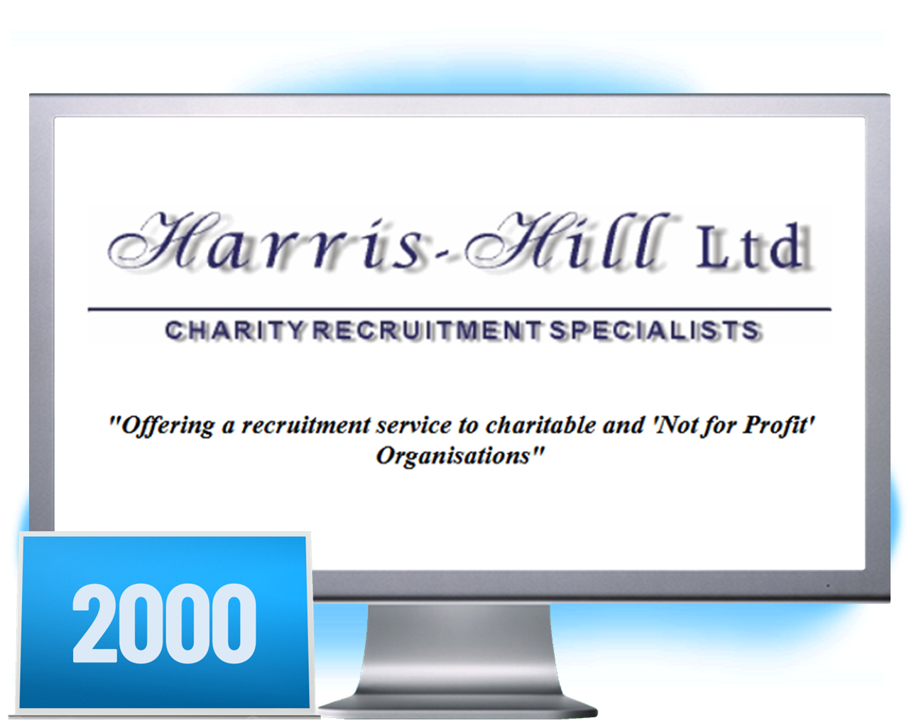 Screen displaying Harris-Hill Ltd logo, charity recruitment specialists, with 