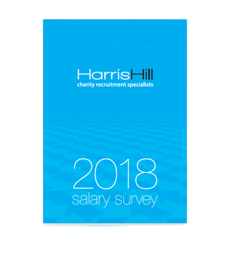 Blue cover for the 2018 salary survey by Harris Hill, charity recruitment specialists.