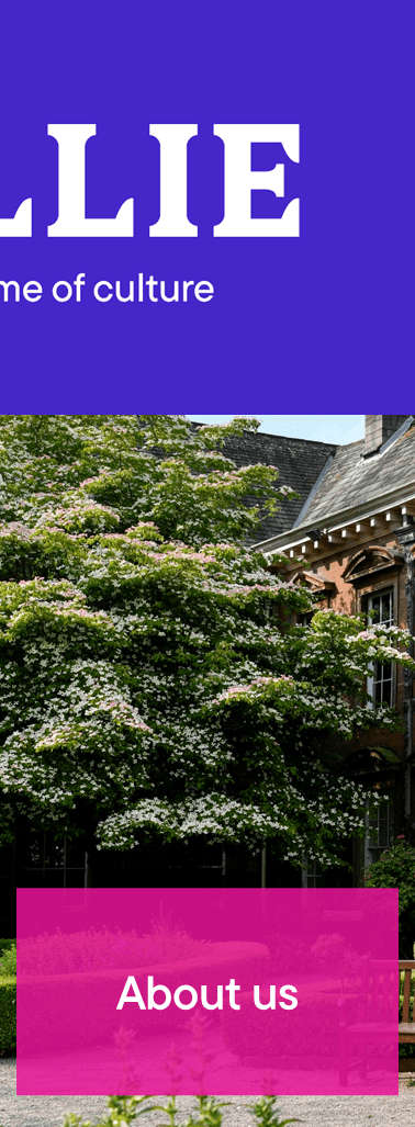Image of building facade with green foliage and a pink 