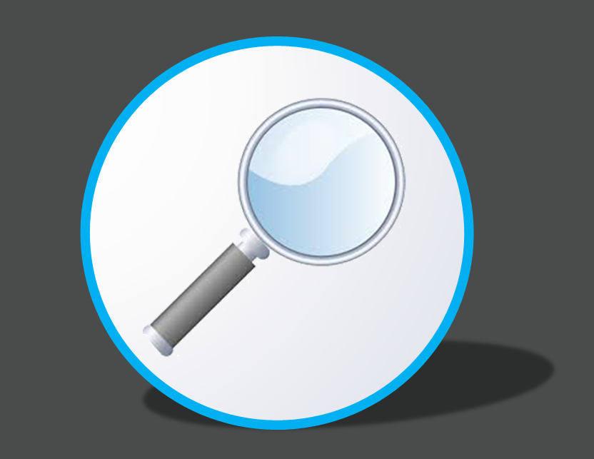 Magnifying glass icon inside a white circle with a blue border, casting a shadow on gray.