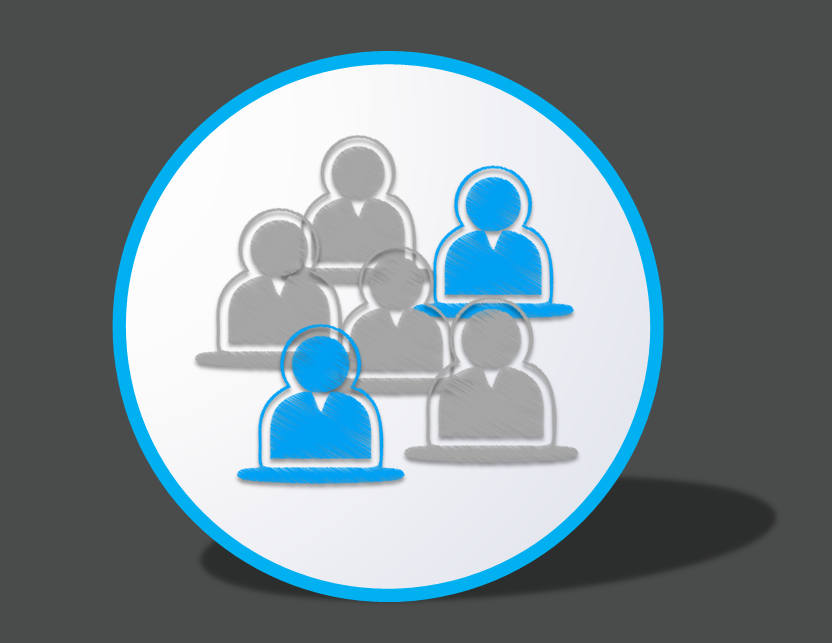 Group of people icon, some blue, some gray, in a white and blue circle.