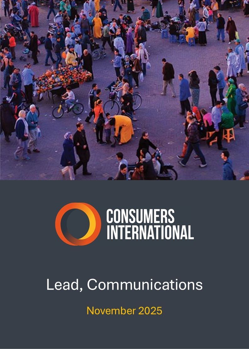 Consumers International cover: a crowd in a square, orange logo, 