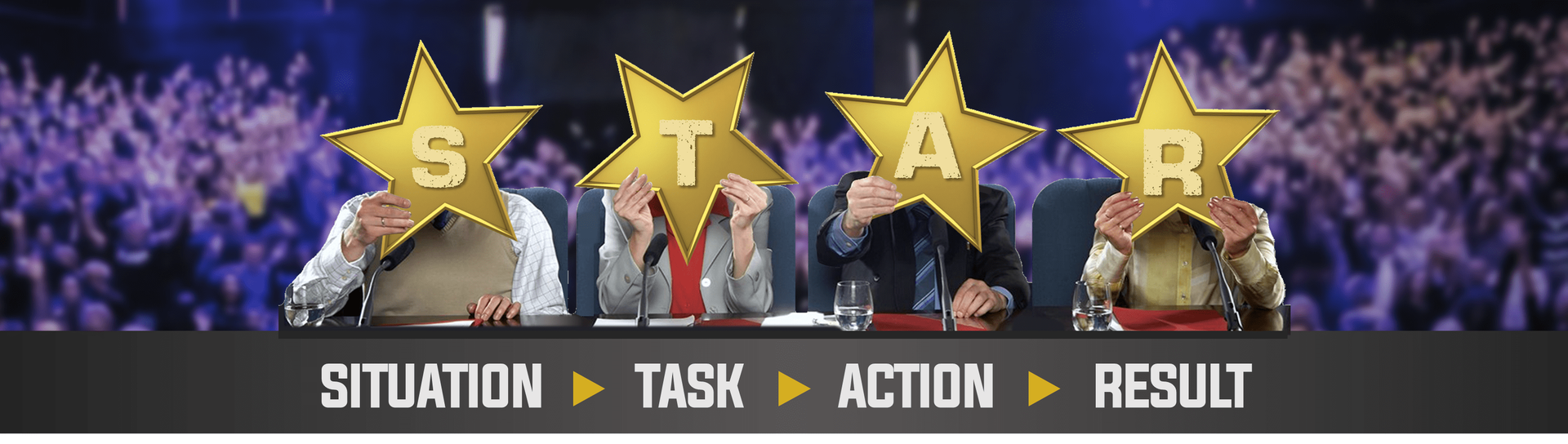 Four people hold gold star cutouts spelling 