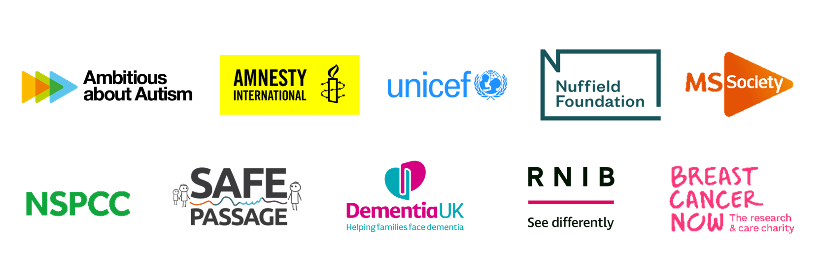 Logos of charities and organizations including Amnesty, UNICEF, NSPCC, and Breast Cancer Now.