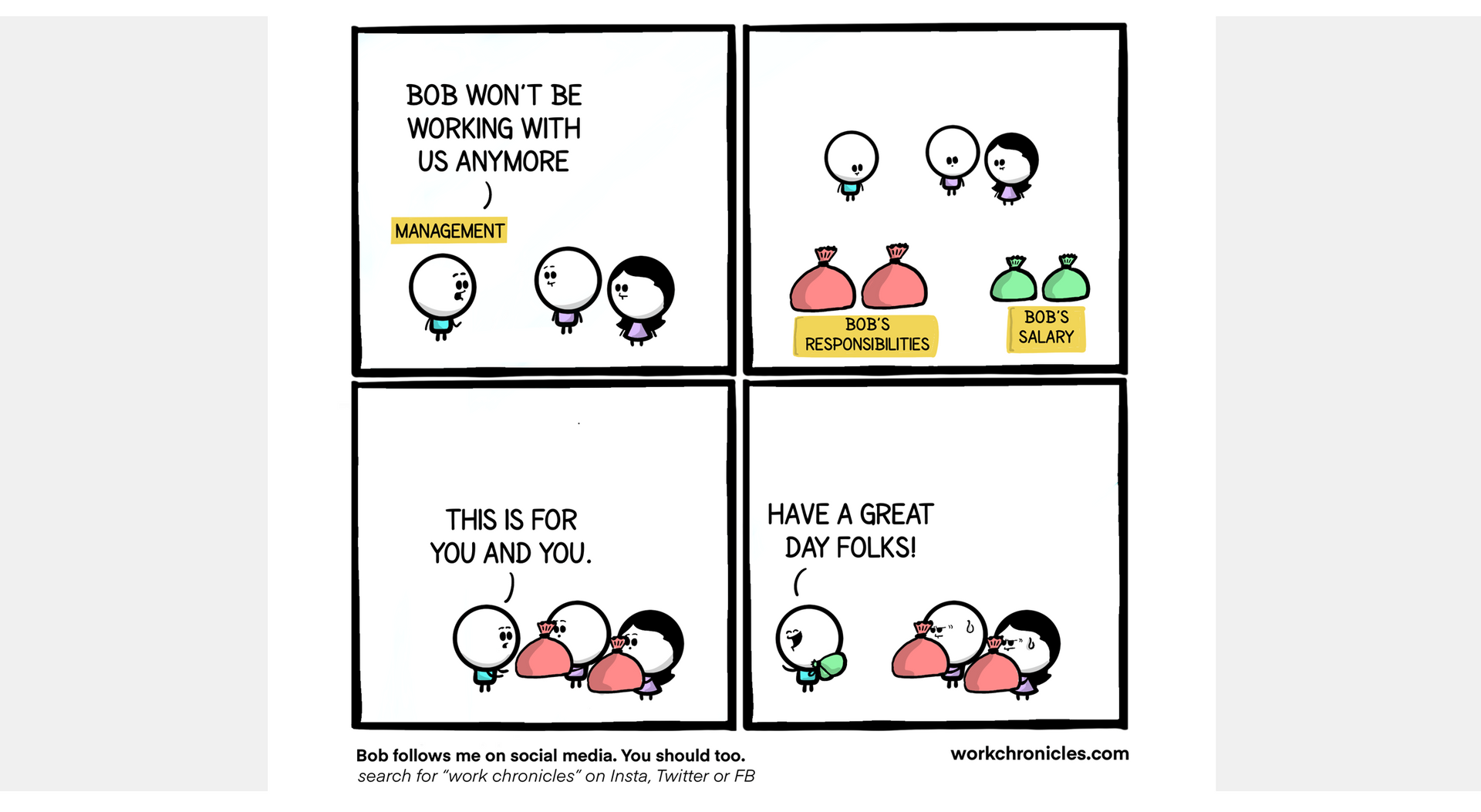 Comic: Characters reacting to God's retirement. Panels show groups of three talking, then gift exchange.