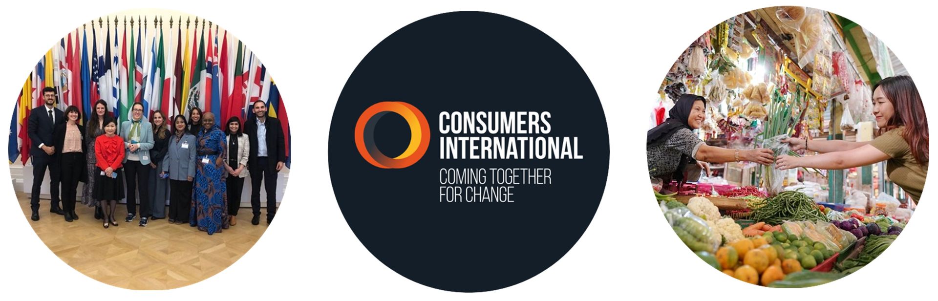 Three circular images: people outdoors looking at a phone, Consumers International logo, and solar panels on a rooftop.