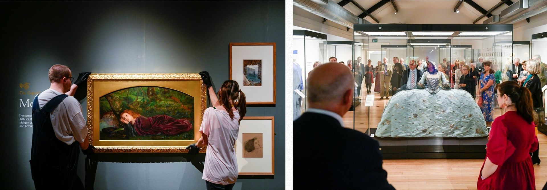 Two museum scenes: people hanging art and viewing a dress in a display case.