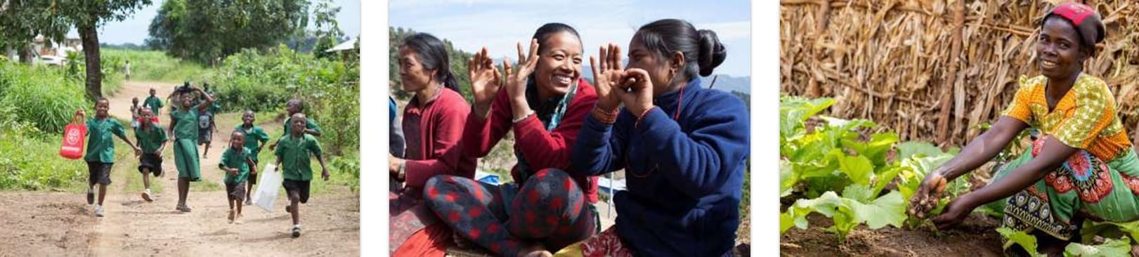 Children running down a dirt path, people clapping, and a woman harvesting crops.