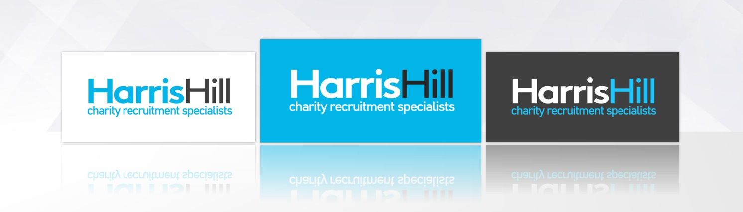 Harris Hill logos in white, blue, and black backgrounds, with mirrored reflection.