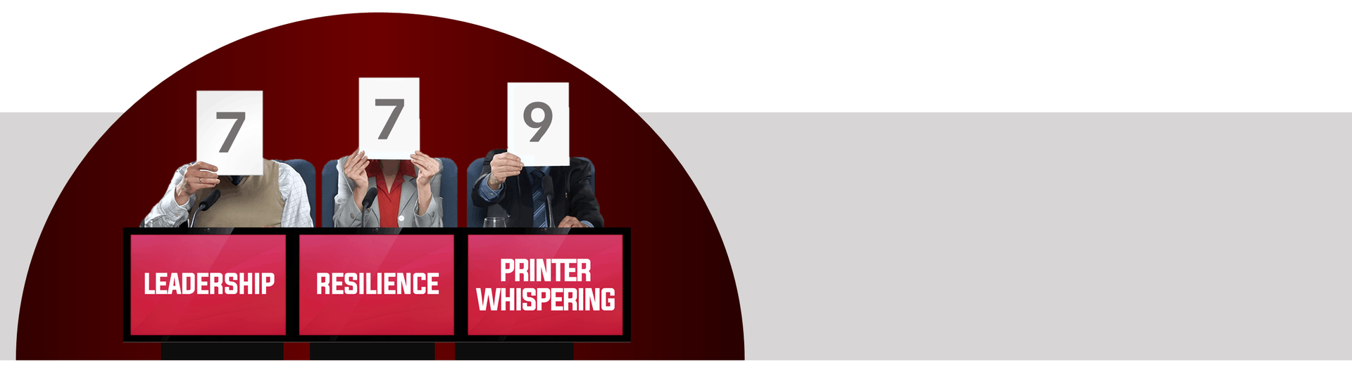 Three people holding cards with the numbers 7, 7, and 9. Below them are the words Leadership, Resilience, and Printer Wireforming.