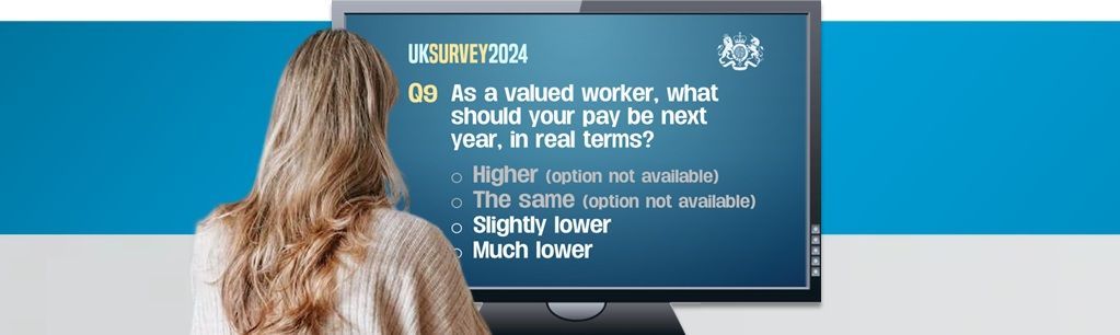 Woman looking at a computer screen showing a survey question about pay expectations.