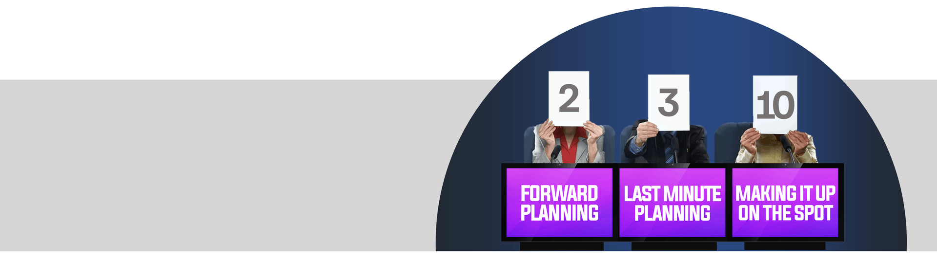 People holding up numbered cards on a game show set. Text on screens below.