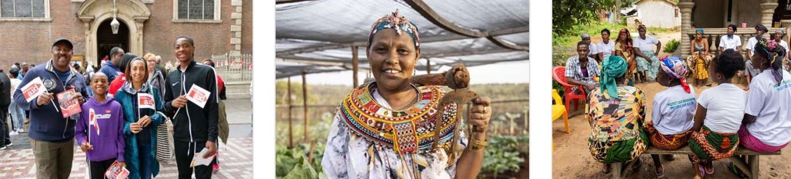 Group outside a building, woman in field, group gathered outside.