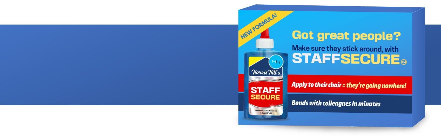 Ad for StaffSecure, blue background, glue bottle with 