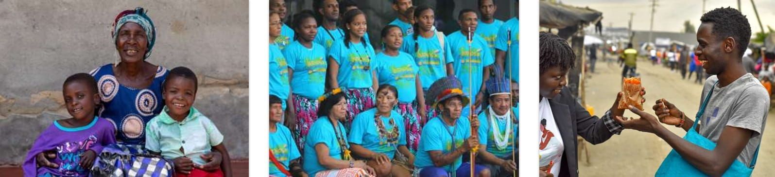Three photos: A woman with two children, a group in teal shirts, a person handing someone a drink.