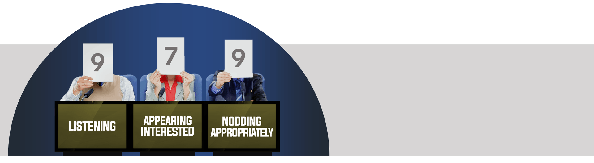 Three people holding numbers above boxes labeled “Listening”, “Supporting”, “Voting”.