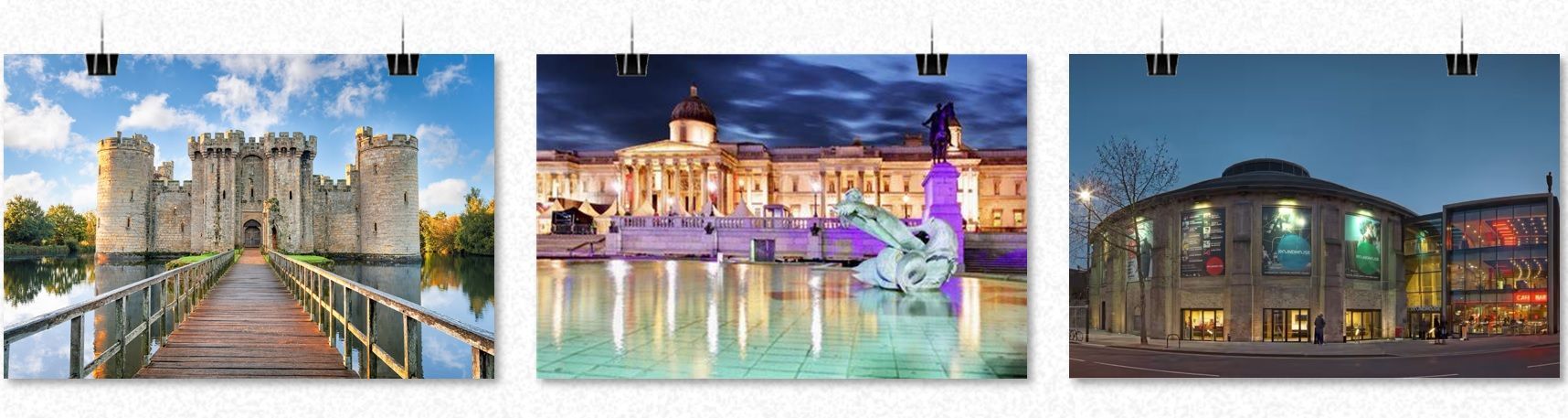 Three posters with architectural scenes: a castle, a lit building at night, and a round building with colorful lights.