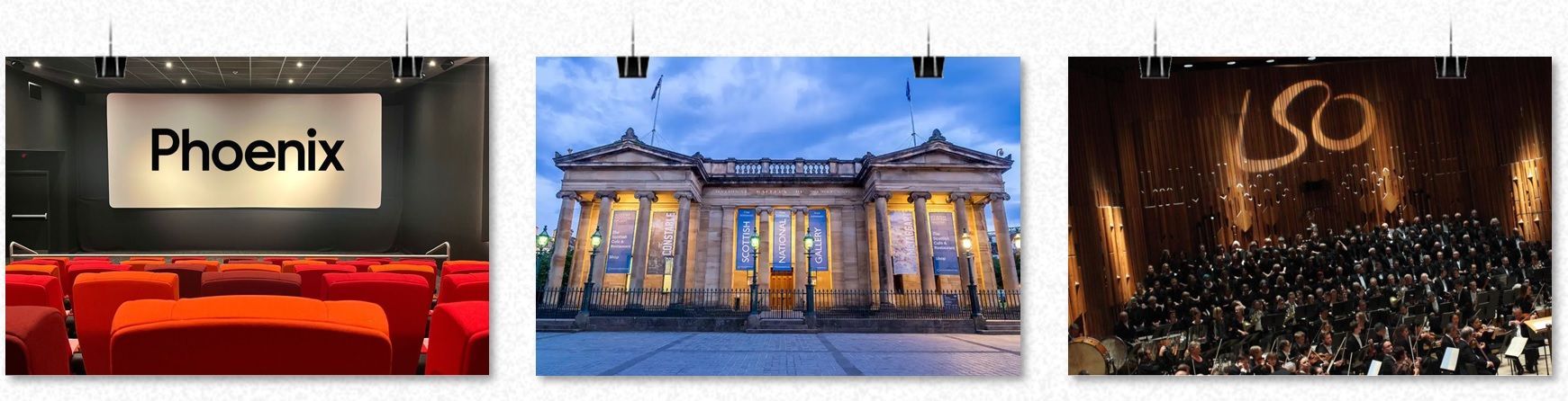 Three photos hanging from clips: Phoenix Theater, illuminated building, crowd with 