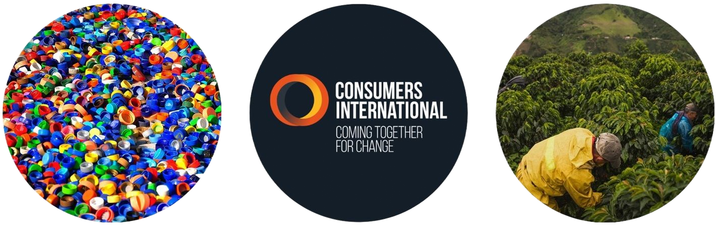 Three circular images: colorful plastics, 