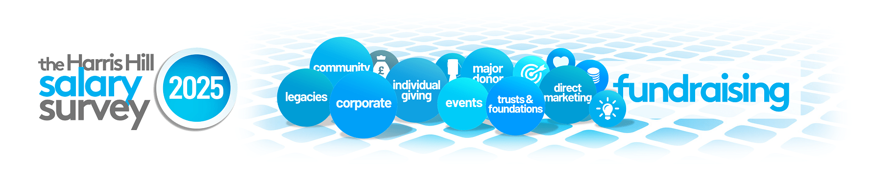 Logo for the Harris HII salary survey 2025 with blue bubble graphics and fundraising text.