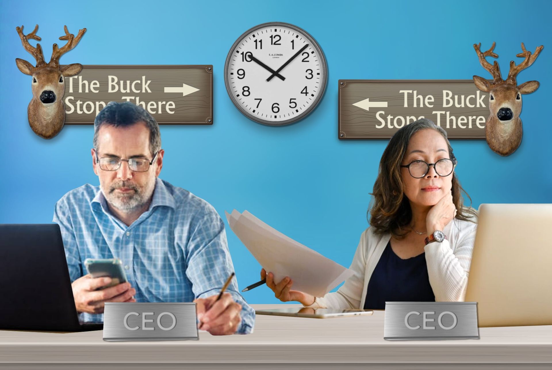 Two people identified as CEOs sit at a desk in front of a blue wall with clocks and wall art featuring deer heads.