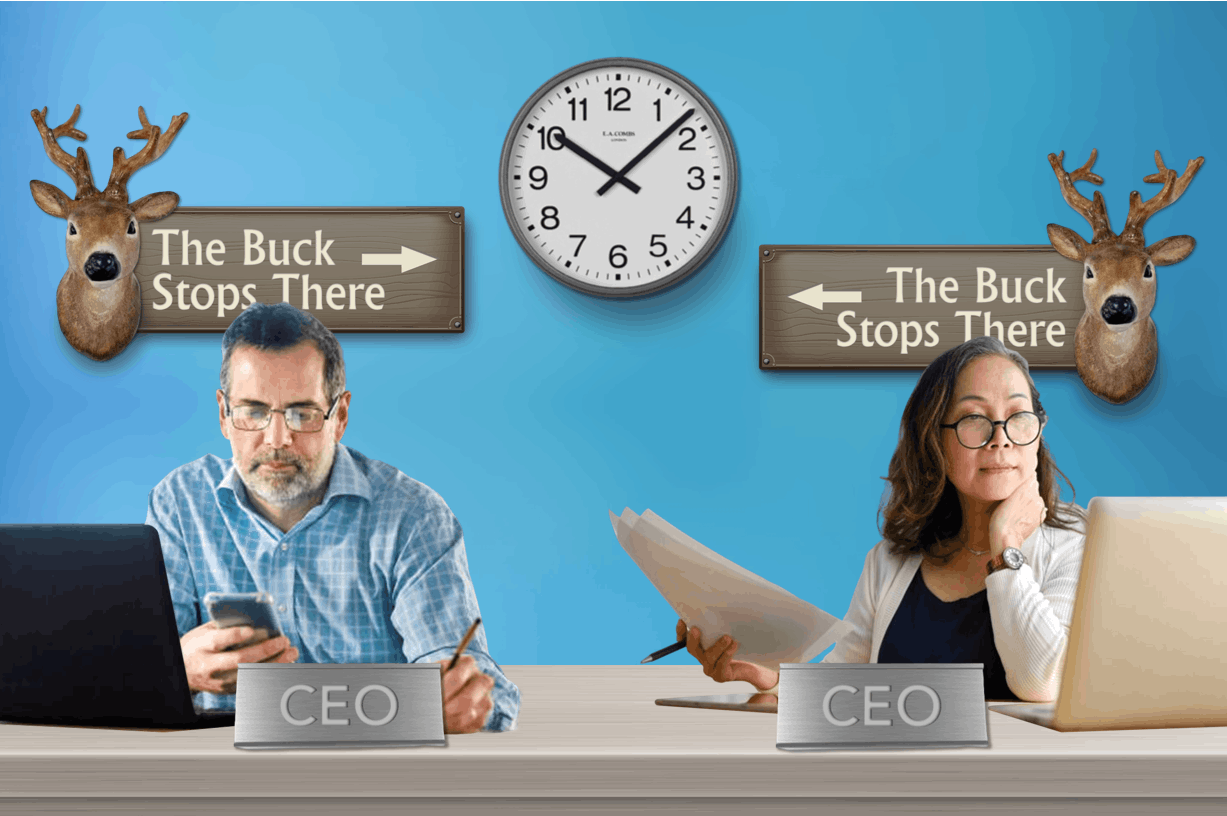 Two people identified as CEOs sit at a desk in front of a blue wall with clocks and wall art featuring deer heads.