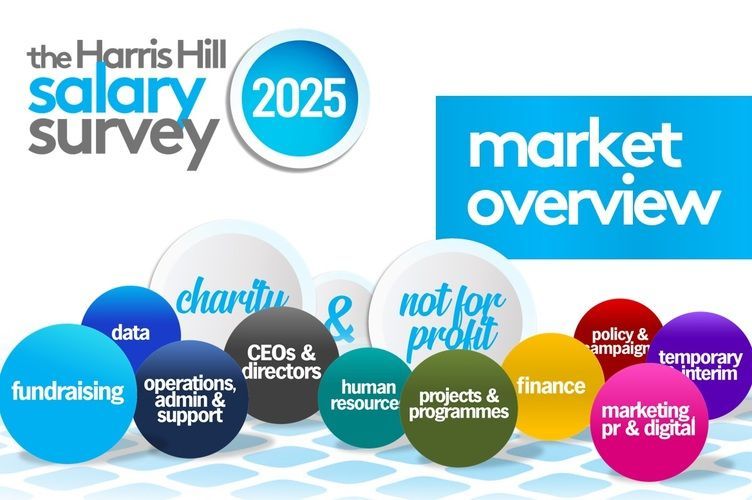 Harris Hill Salary Survey 2025: Market overview with colored circles for charity, data, fundraising, and other related sectors.