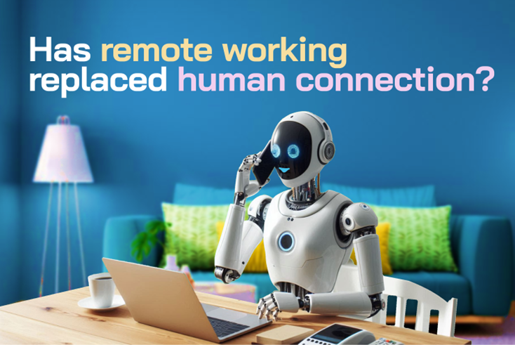 Robot working remotely on a laptop, using a phone. Question: 