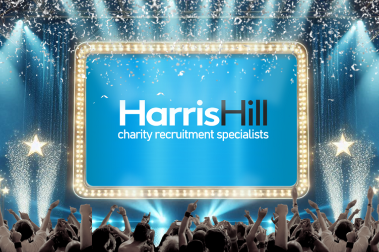 Harris Hill charity recruitment logo on a stage, audience cheering, confetti falling.