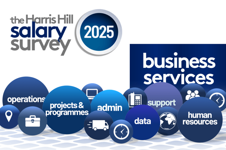 Harris Hill Salary Survey 2025 graphic with blue spheres representing business service functions such as HR, admin, and support.
