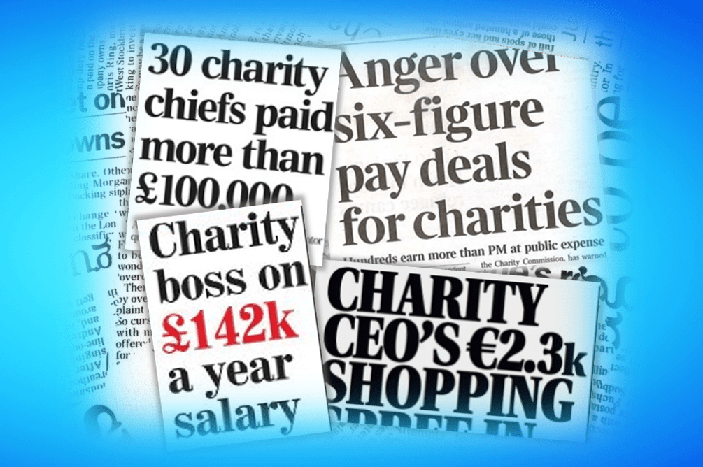 Newspaper headlines about high salaries in charities.