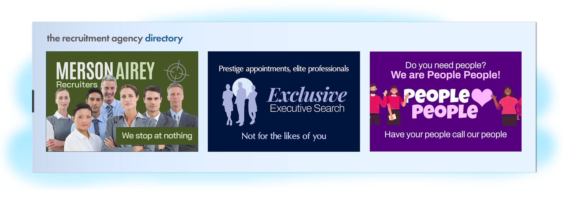 Three company advertisements on a light blue background.