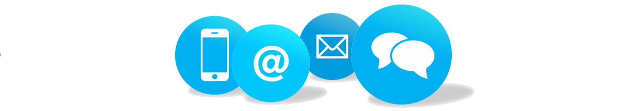Blue circles with icons: phone, email, envelope, and chat bubbles.