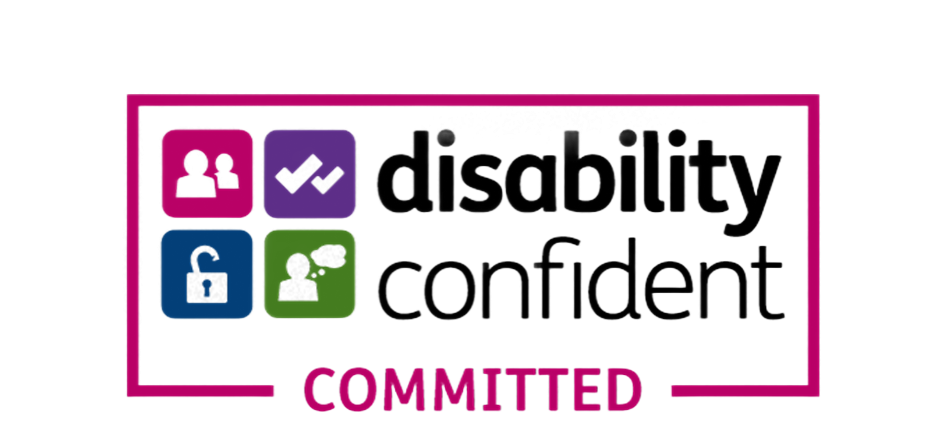 Disability Confident logo: purple border with text 
