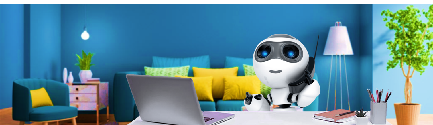 A white robot with blue eyes sitting at a desk in a blue room, laptop in front, next to a green plant.