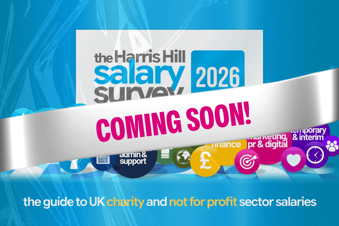Woman in glasses with the Harris Hill Salary Survey 2025 graphic, focusing on UK charity salaries.