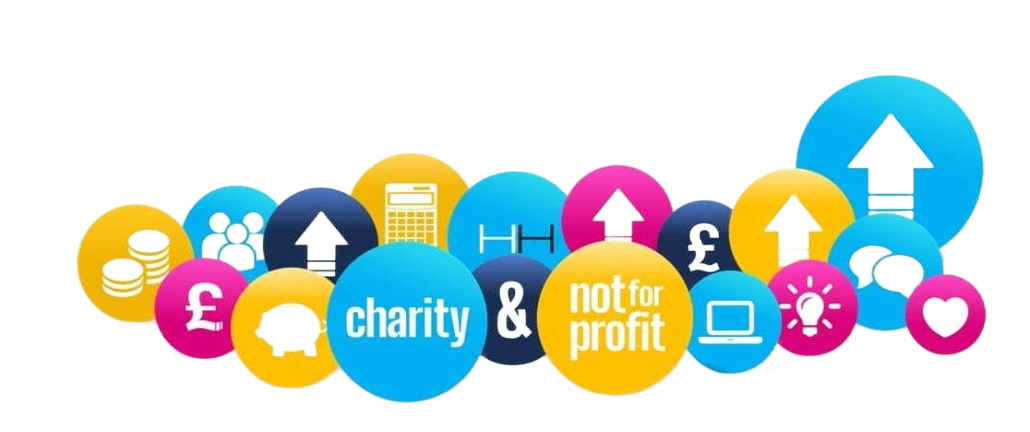 Colorful circles with charity and not-for-profit symbols. Includes arrows, money, and other icons.