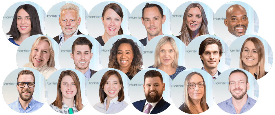 Portraits of 18 people in circular frames, smiling and looking at the viewer.