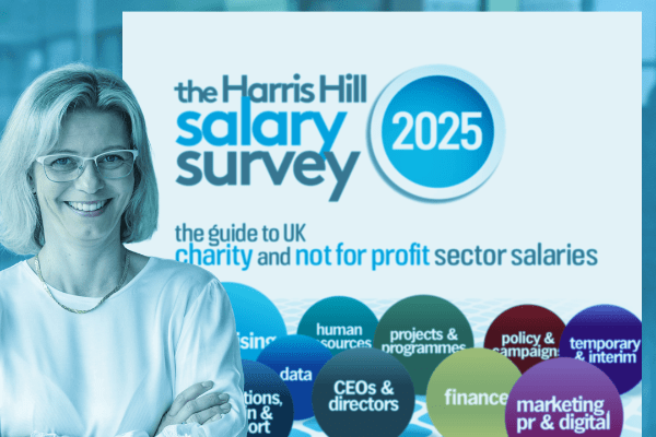 Woman in glasses with the Harris Hill Salary Survey 2025 graphic, focusing on UK charity salaries.