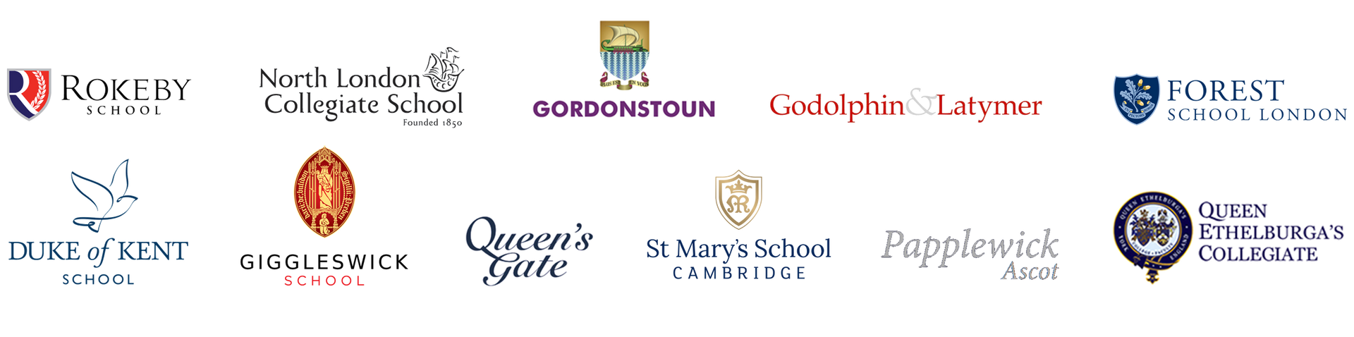 Logos of various schools, including Rokeby, North London Collegiate, and Forest School.