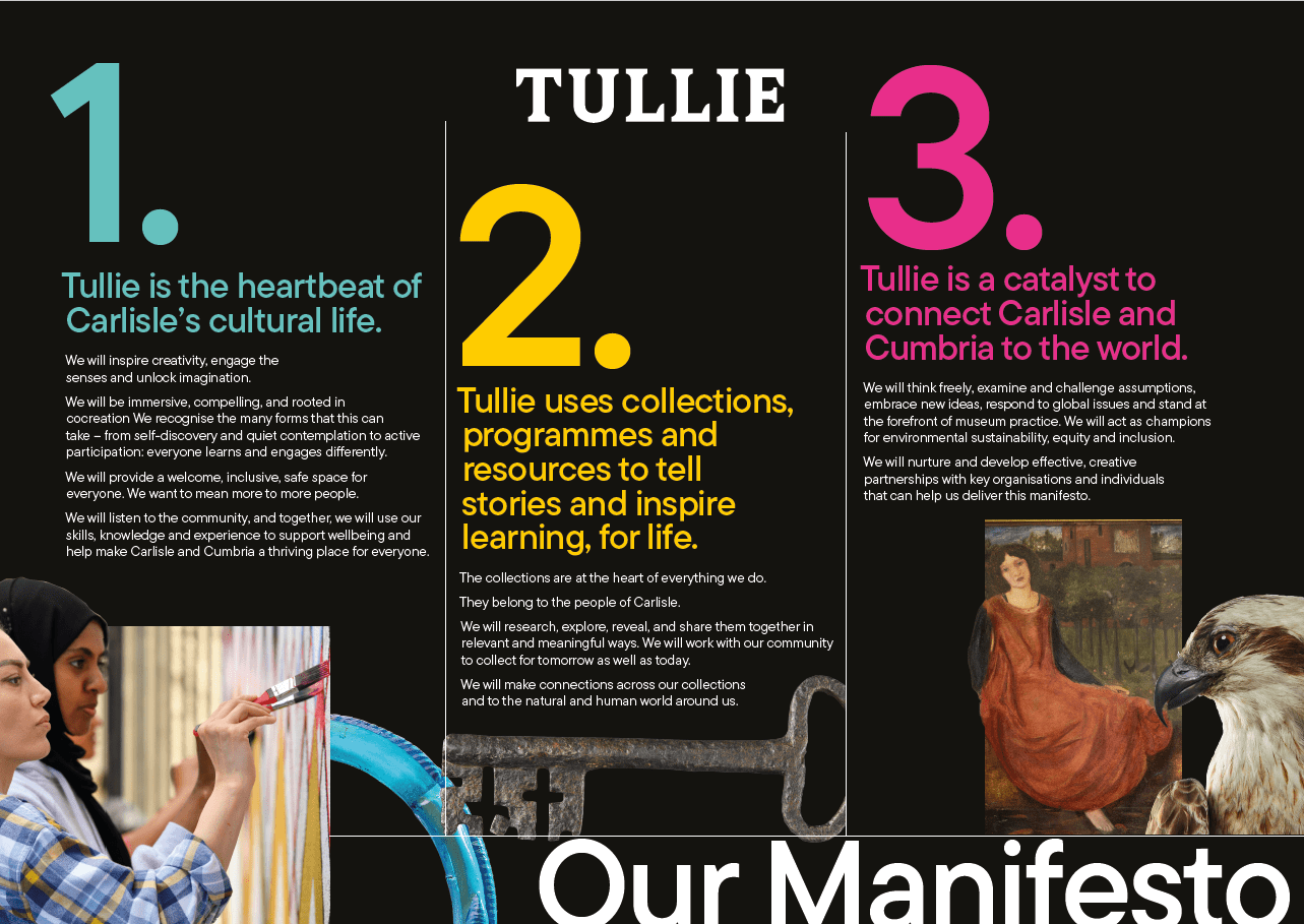 Manifesto: Tullie's core values. Text on black background with numbered points, images, and the word 