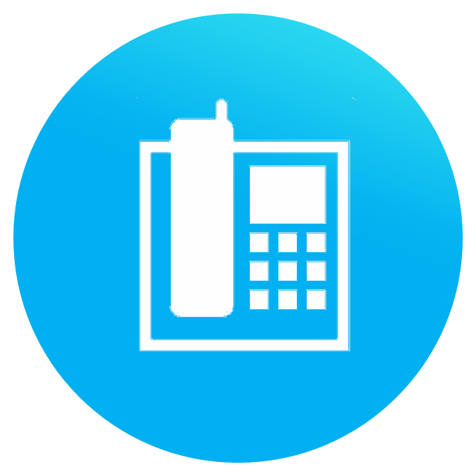 White telephone icon on a blue gradient circle.