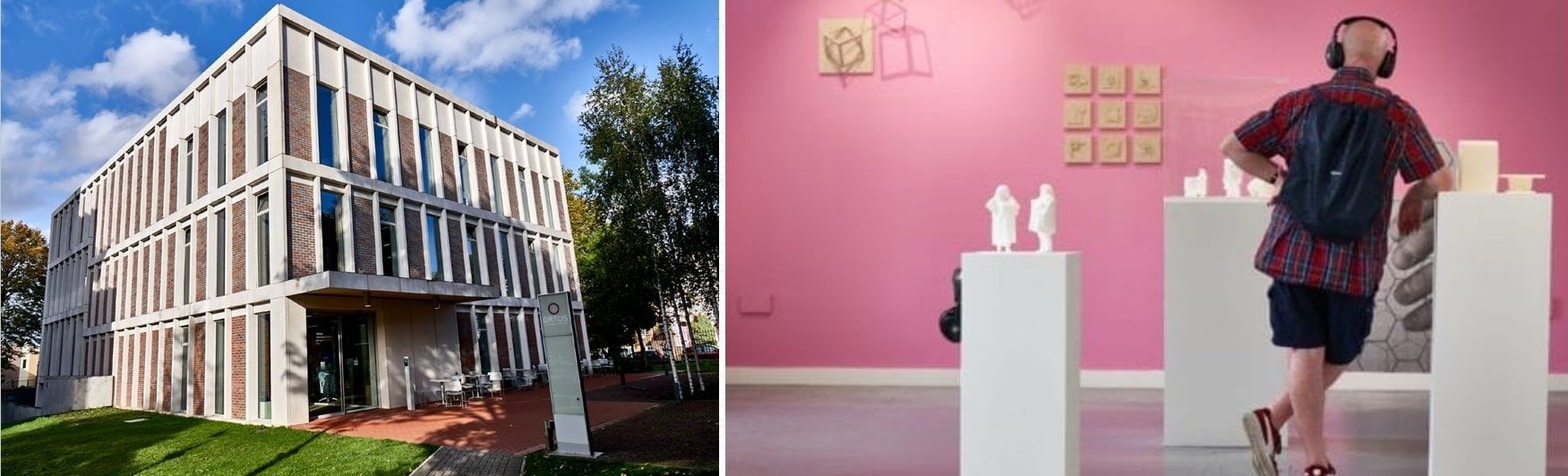 Exterior and interior views of a modern art museum. A person wears headphones and looks at white sculptures.