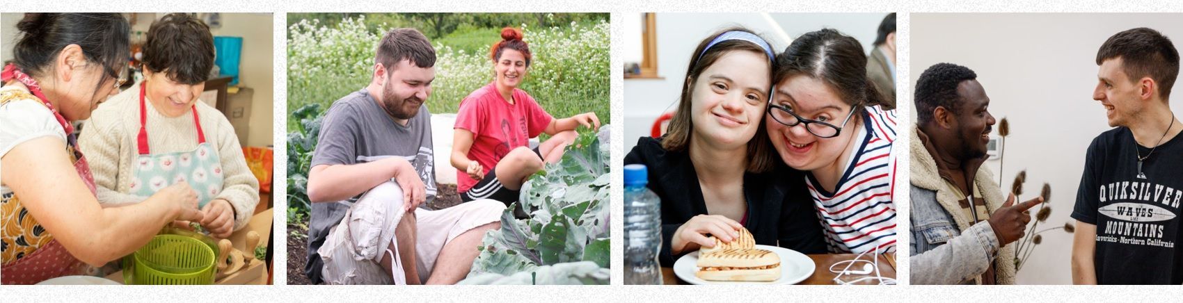 Four photos of people engaged in activities: cooking, gardening, eating, and conversing.